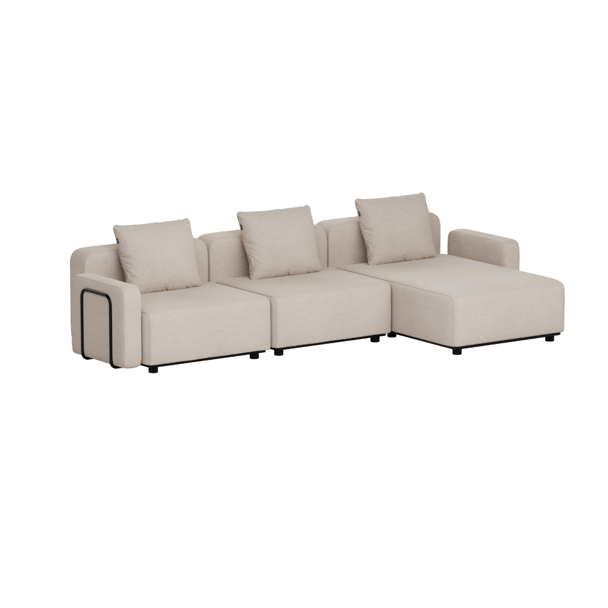 Beige modulopbygget udendørs loungesofa fra sackit med tre siddepladser, bløde hynder og højrevendt chaiselong i enkelt skandinavisk design