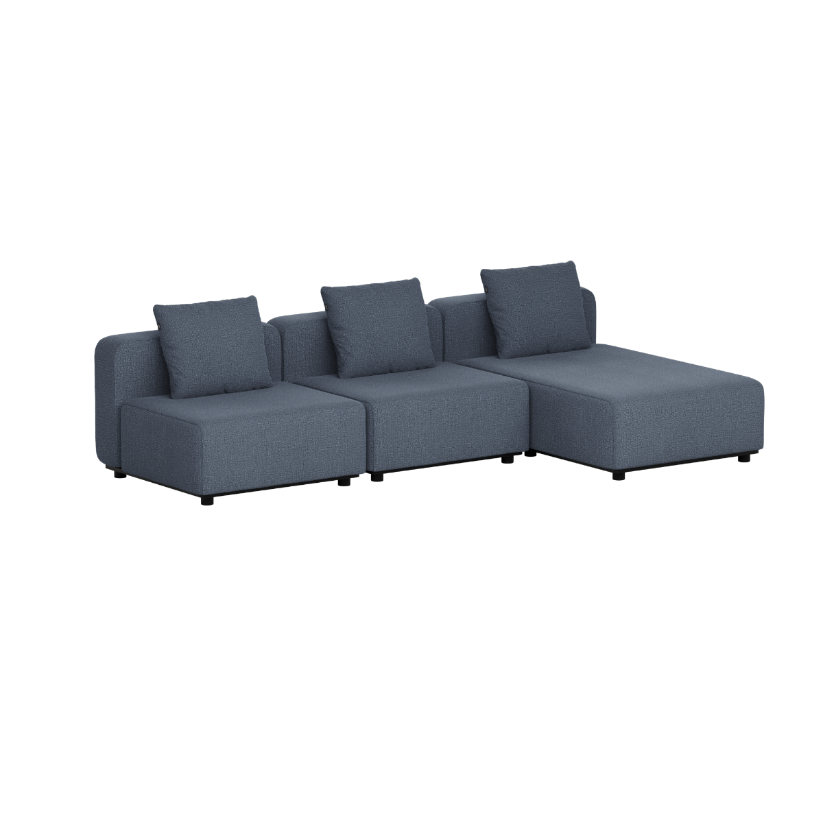 Mørkegrå modulopbygget loungesofa til udendørs brug med tre siddepladser og chaiselong fra sackit designet i Danmark til nordisk vejr