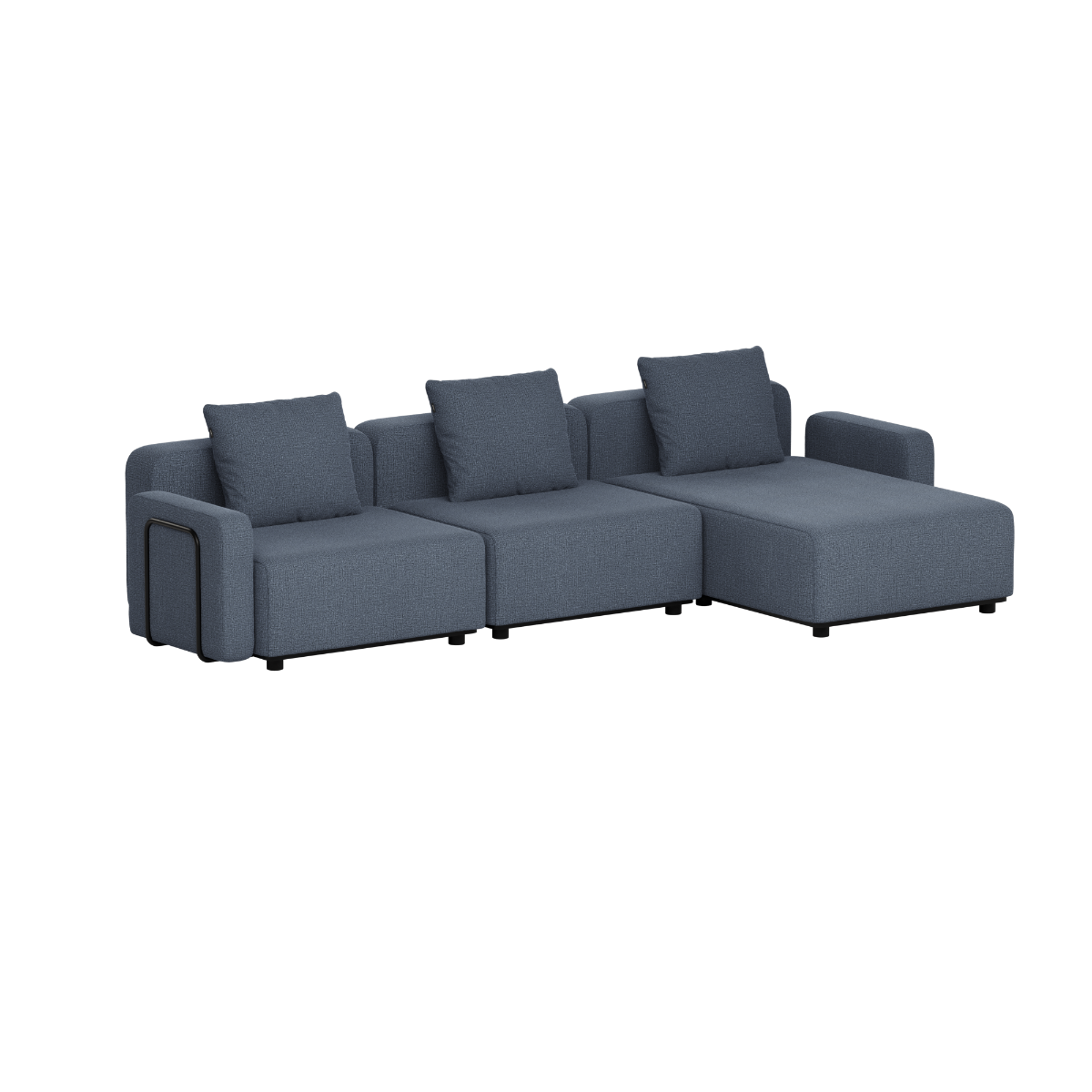 Mørkegrå modulopbygget loungesofa fra sackit med tre siddepladser bløde hynder og praktisk chaiselong til udendørs afslapning