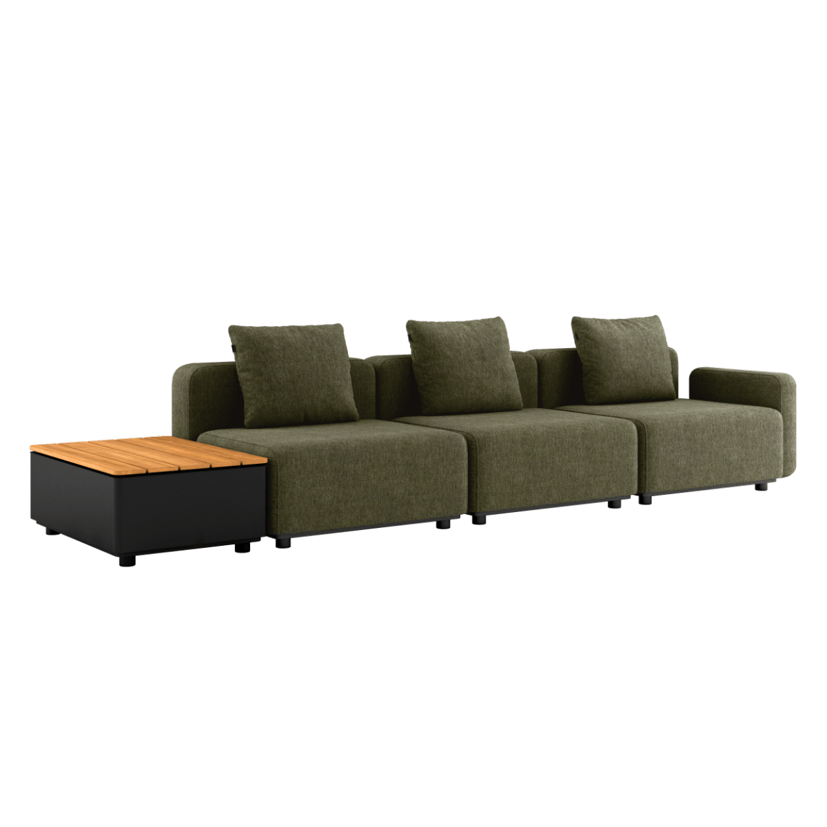 Udendørs Cobana Lounge Sofa i Kirra Olive med tre moduler og Patio Storage Table i sort aluminiumsramme.