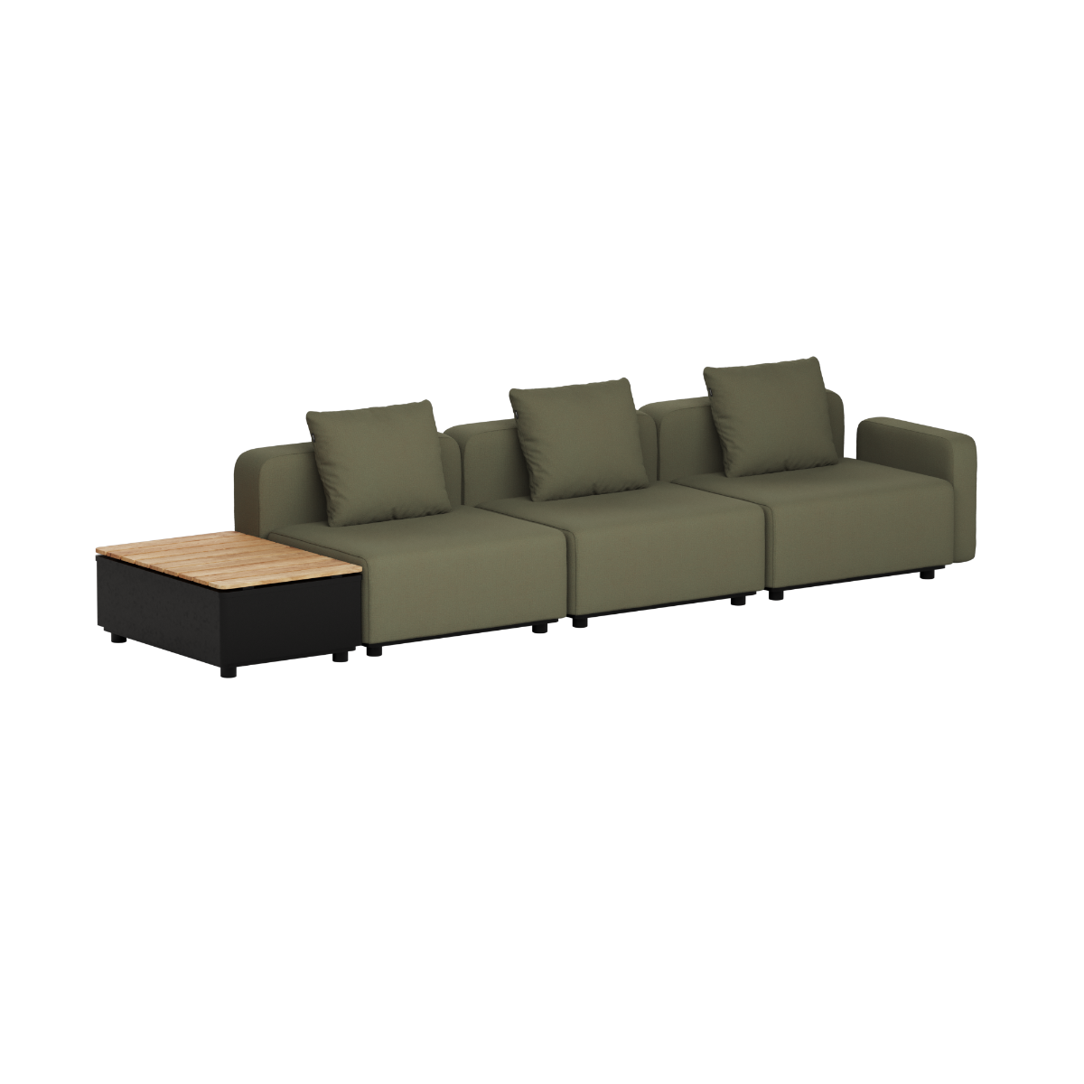 Olivegrøn modulopbygget loungesofa til udendørs brug med tre siddepladser bløde puder og integreret sidebord med træbordplade fra sackit designet i Danmark