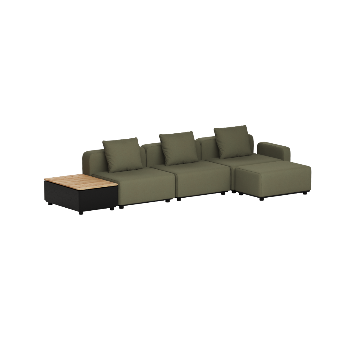 Olivegrøn modulopbygget udendørs loungesofa til tre personer med tre puder og integreret sidebord i teak fra sackit, designet i Danmark