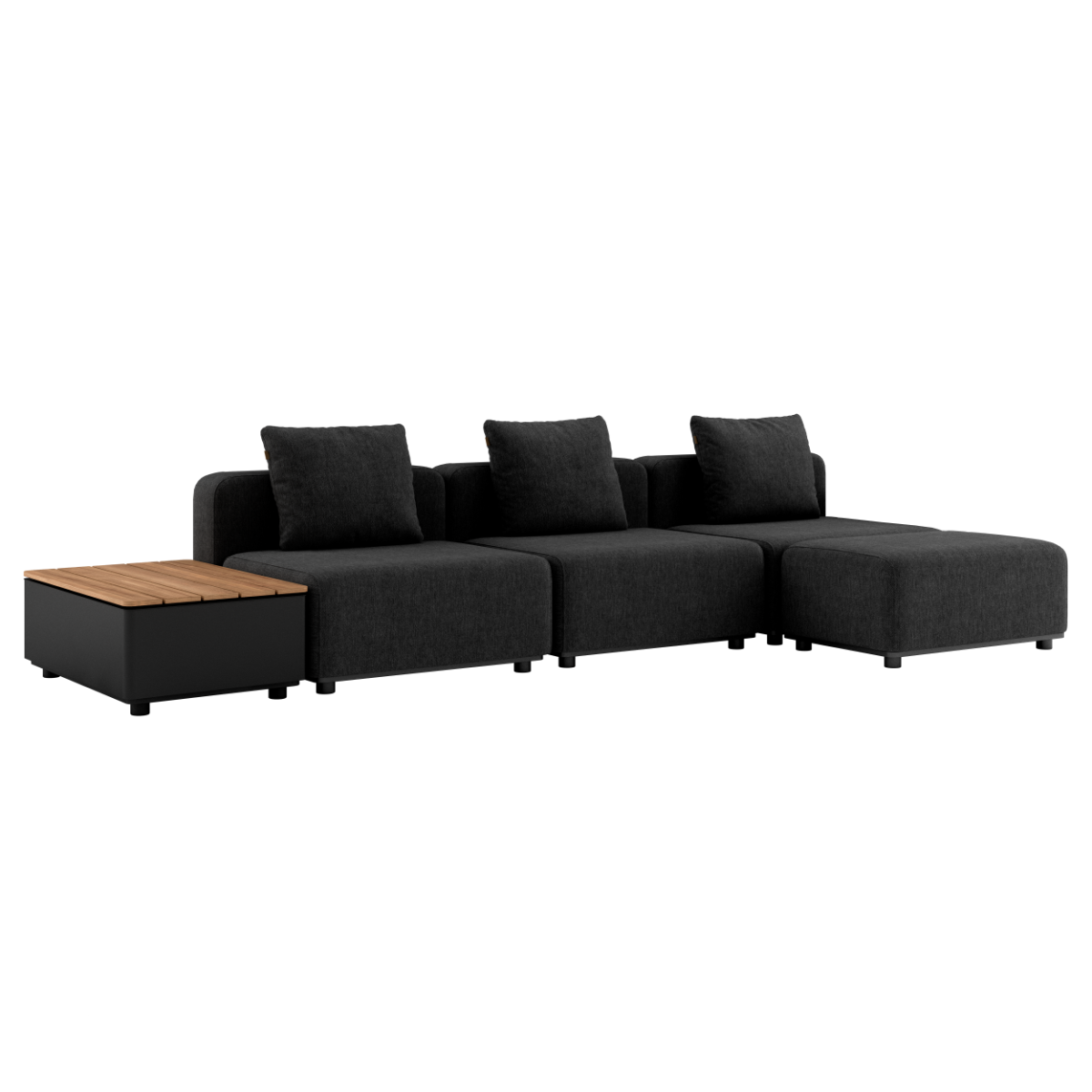 Sort Cobana Lounge Sofa med tre moduler, puf og Patio Storage Table i udendørs miljø.