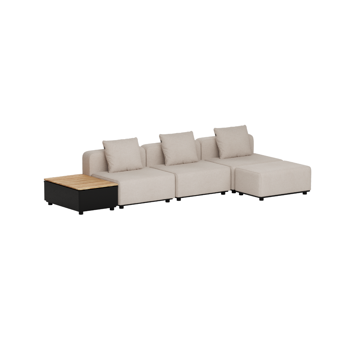 sackit Cobana udendørs loungesofa i lysegråt stof med tre ryghynder og integreret sidebord i teak på sort stel