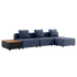 Udendørs Cobana Lounge Sofa i Kirra Indigo med tre moduler, puf og uden armlæn ved Patio Storage Table.