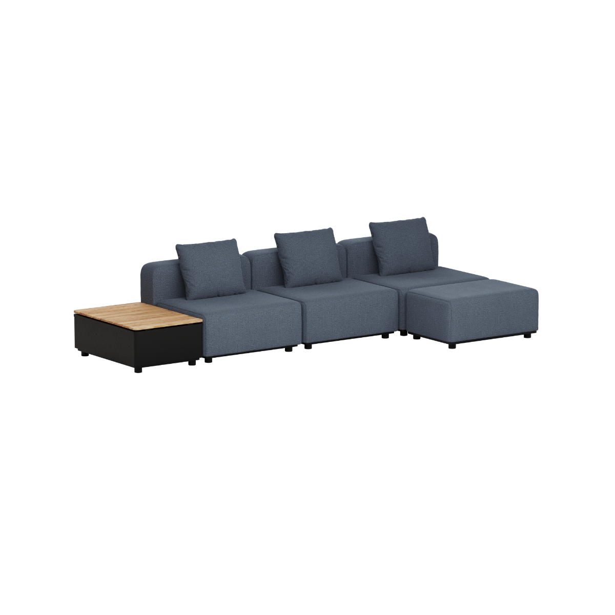 Mørkegrå modulopbygget loungesofa til udendørs brug med bløde hynder og sidebord i teak fra sackit, designet i Danmark til nordisk vejr