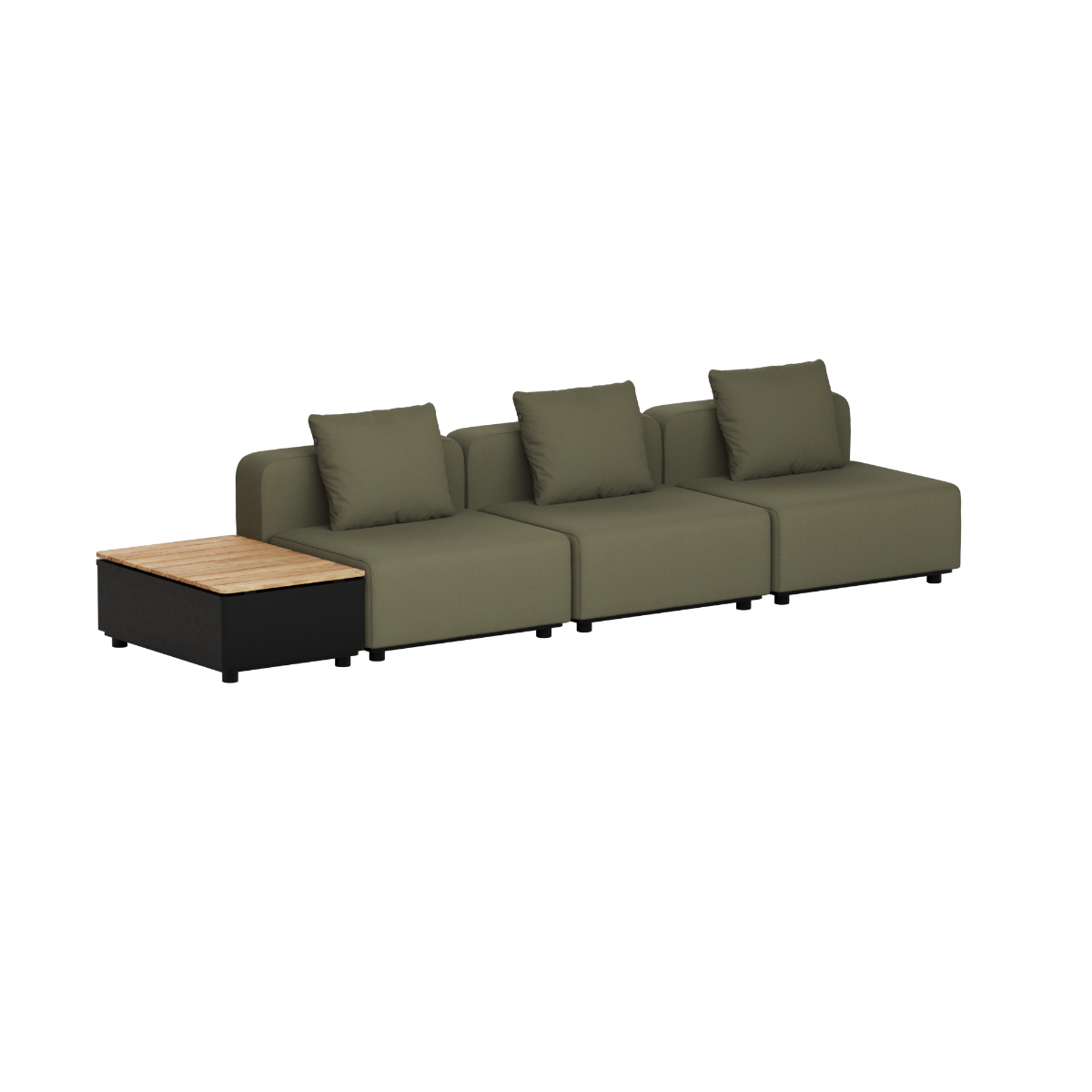 Olivengrøn modulopbygget udendørs loungesofa med tre siddepladser og integreret opbevaringsbord i teaktræ fra sackit