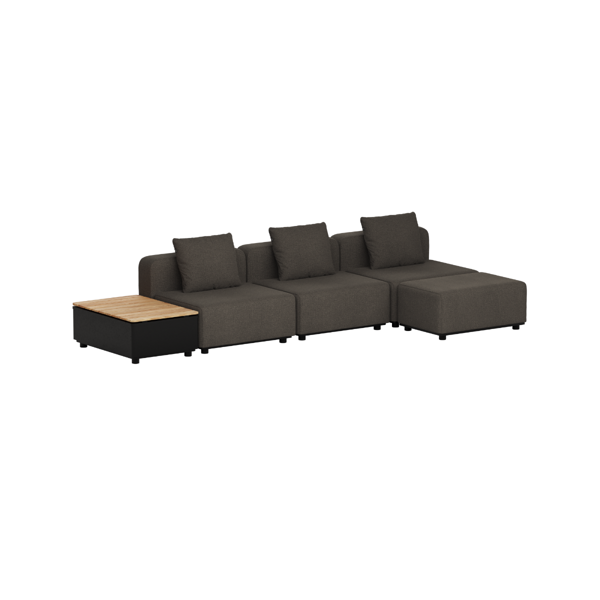 Mørkegrå modulopbygget udendørs loungesofa fra sackit med tre sæder, bløde ryghynder og integreret sidebord med bordplade i træ til terrasse eller have