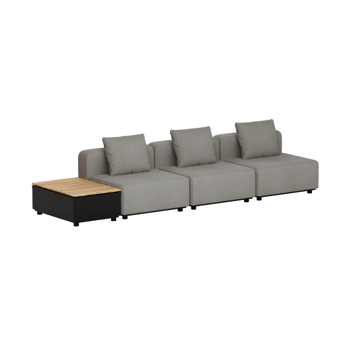 Grå trepersoners udendørs loungesofa fra sackit med tre bløde rygpuder og integreret sidebord med teakbordplade til terrasse og have