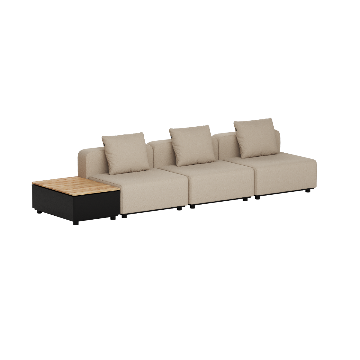 Beige modulopbygget udendørs loungesofa til tre personer med bløde hynder og integreret opbevaringsbord fra sackit