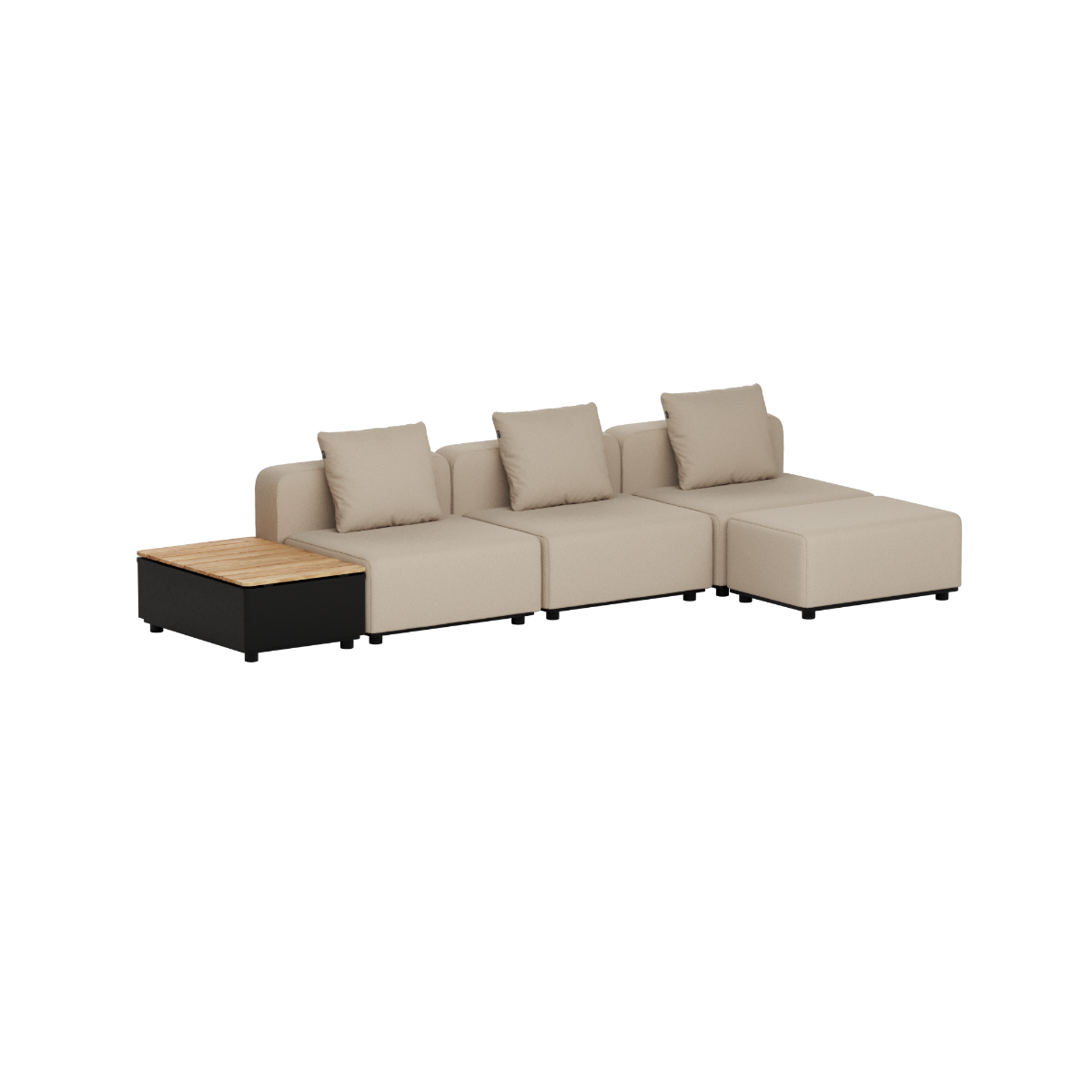 Beige modulopbygget Cobana loungesofa til udendørs brug med tre siddepladser og sort sidebord med teakoverflade fra sackit