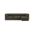 sackit sofa i mørkegråt stof med tre sæder og bløde afrundede former på sort baggrund