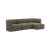 sackit Fjord sofa med tre siddepladser og højrevendt chaiselong i olivengrøn tekstil med bløde afrundede former og skandinavisk design
