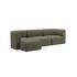 sackit Fjord sofa med tre siddepladser og venstrevendt chaiselong i olivengrønt stof på sort baggrund