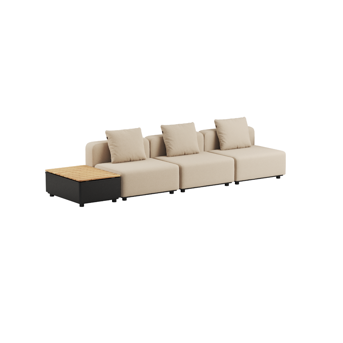 Bouclé beige Cobana Lounge Sofa 3-personers uden armlæn og puf med Patio Storage Table i aluminium og teaktræ.