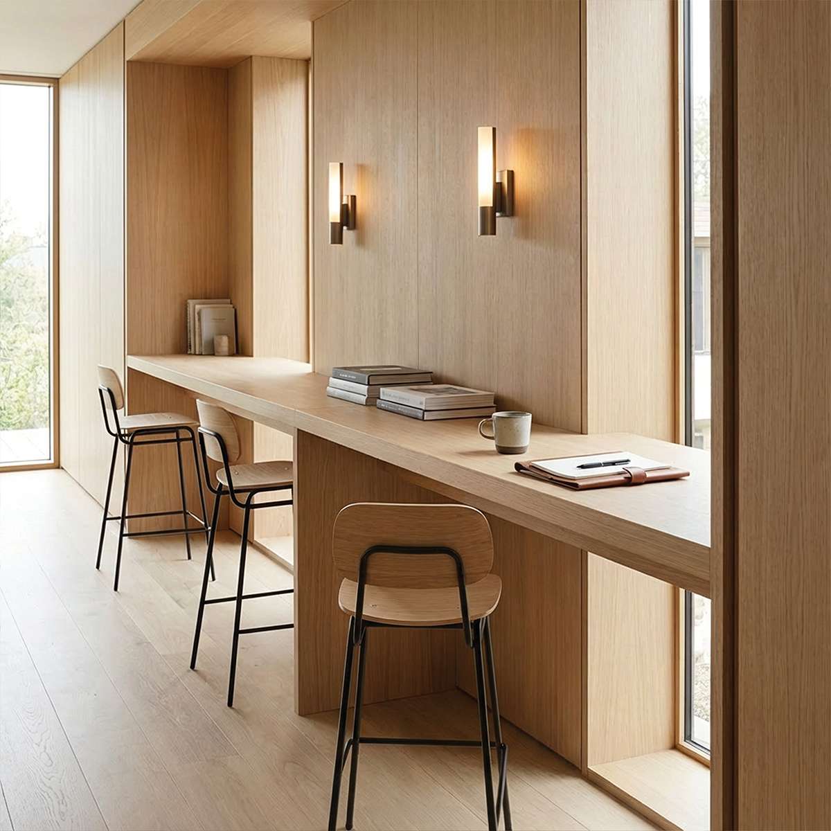Frame Bar Stool barstol med ryglæn i egefinér og pulverlakeret stålstel, industrielt design.