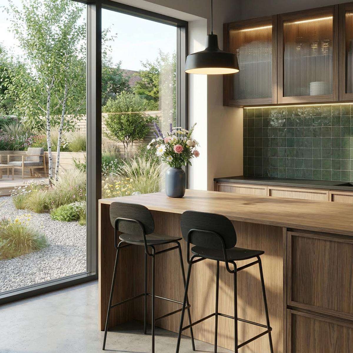 Frame Bar Stool barstol med ryglæn i egefinér og pulverlakeret stålstel i industrielt design.