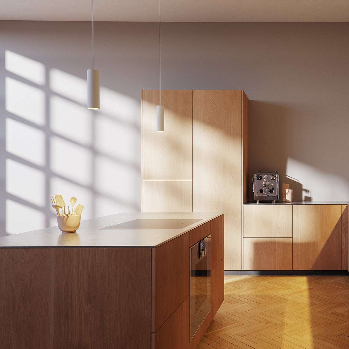 Hvid Expo Pendant pendellampe i aluminium med enkel, tidløs design og varm belysning.