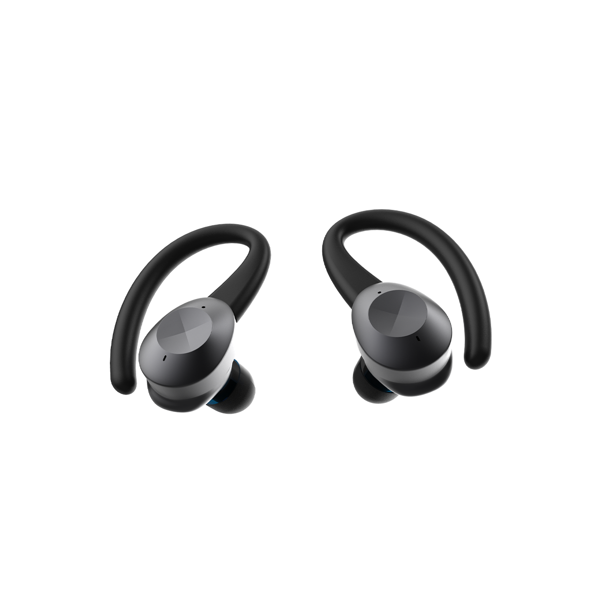 Active 200 trådløse høretelefoner med opladeetui i hvidt og sort design på hvid baggrund.