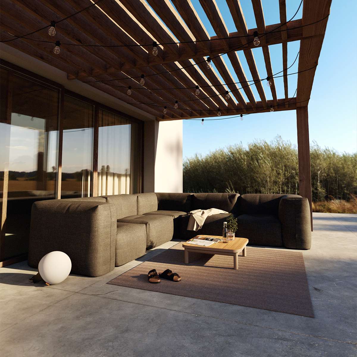Udendørs hjørnesofa Soft Sofa Outdoor i Kirra Noir med bløde puder og lavt ryglæn.