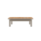 Taupe Kirra Side Table with accessory fit, outdoor coffee table with teak top and aluminum frame