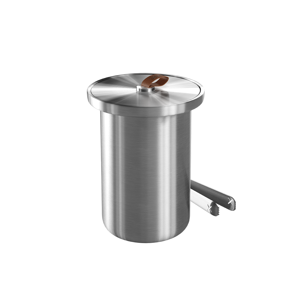 Satinpoleret rustfri vinkøler med læderhåndtag og låg, rund form, dansk design.