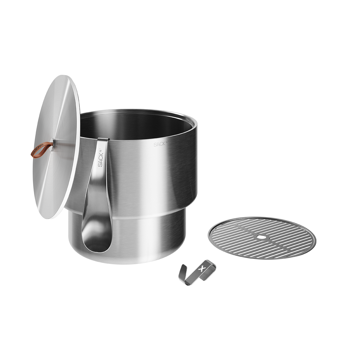 Rustfrit stål accessory-sæt til Wine Bucket med låg, krog, ske og rist i geometriske former.