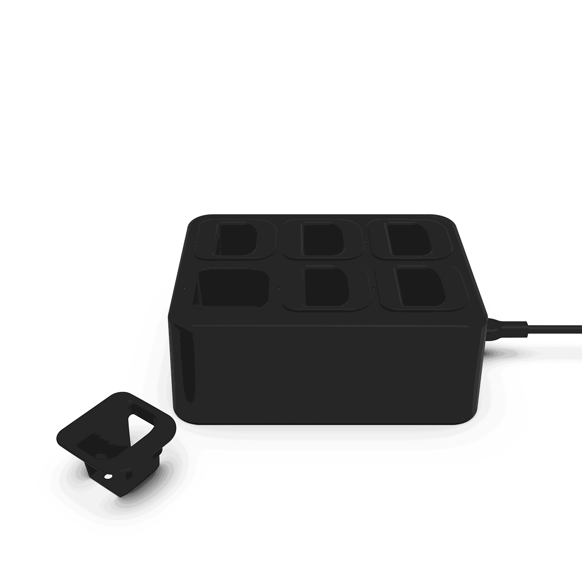 Hvid Battery Charging Station til opladning af 6 SACKit Light batterier med kabel og adaptere