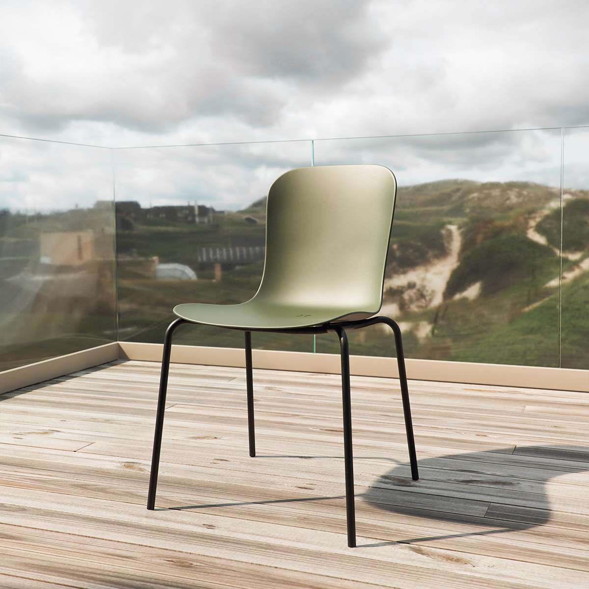 Udendørs Patio Chair no. One i olivengrøn skal med sort stel i pulverlakeret stål.