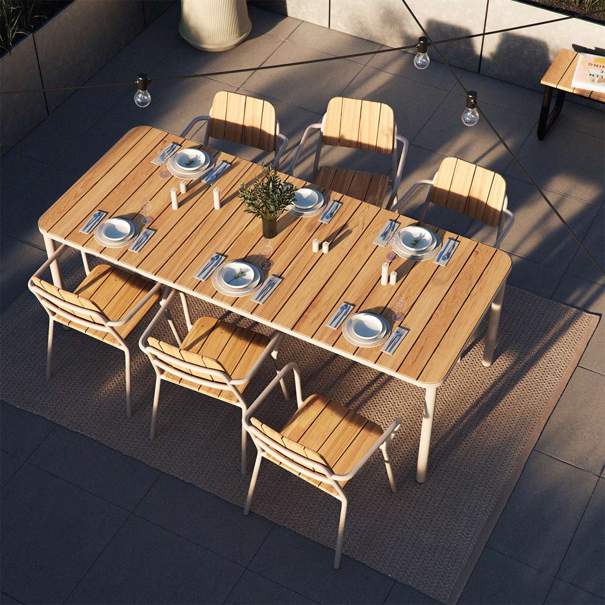 Udendørs Kirra Dining Table i taupe pulverlakeret aluminium med teaktræ bordplade, 210x90 cm.
