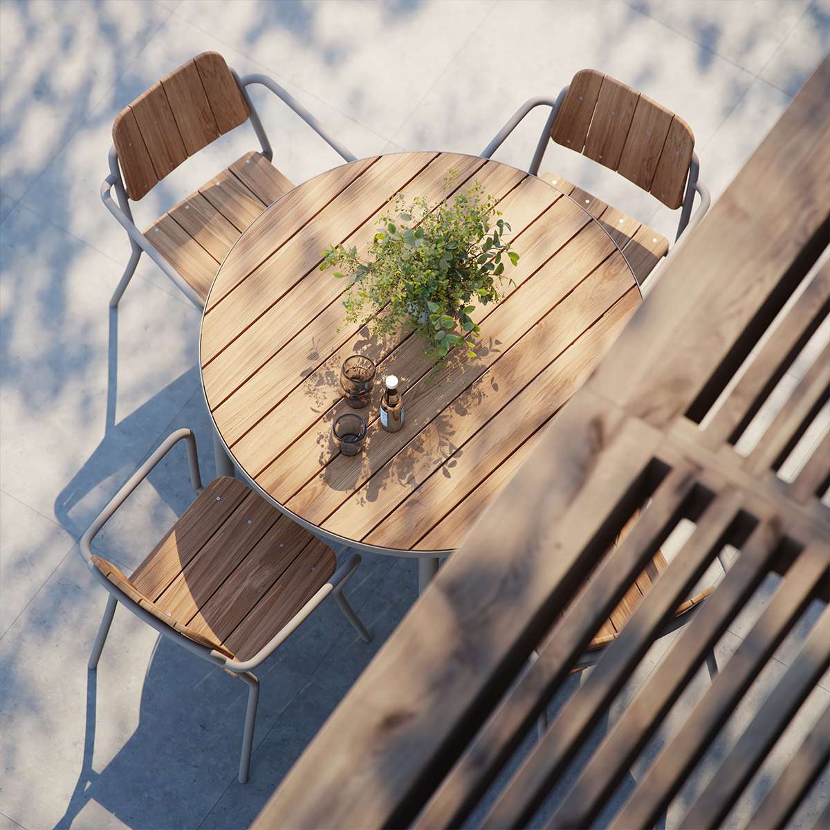Udendørs Kirra Dining Table Ø110 i taupe pulverlakeret aluminium med teaktræ bordplade