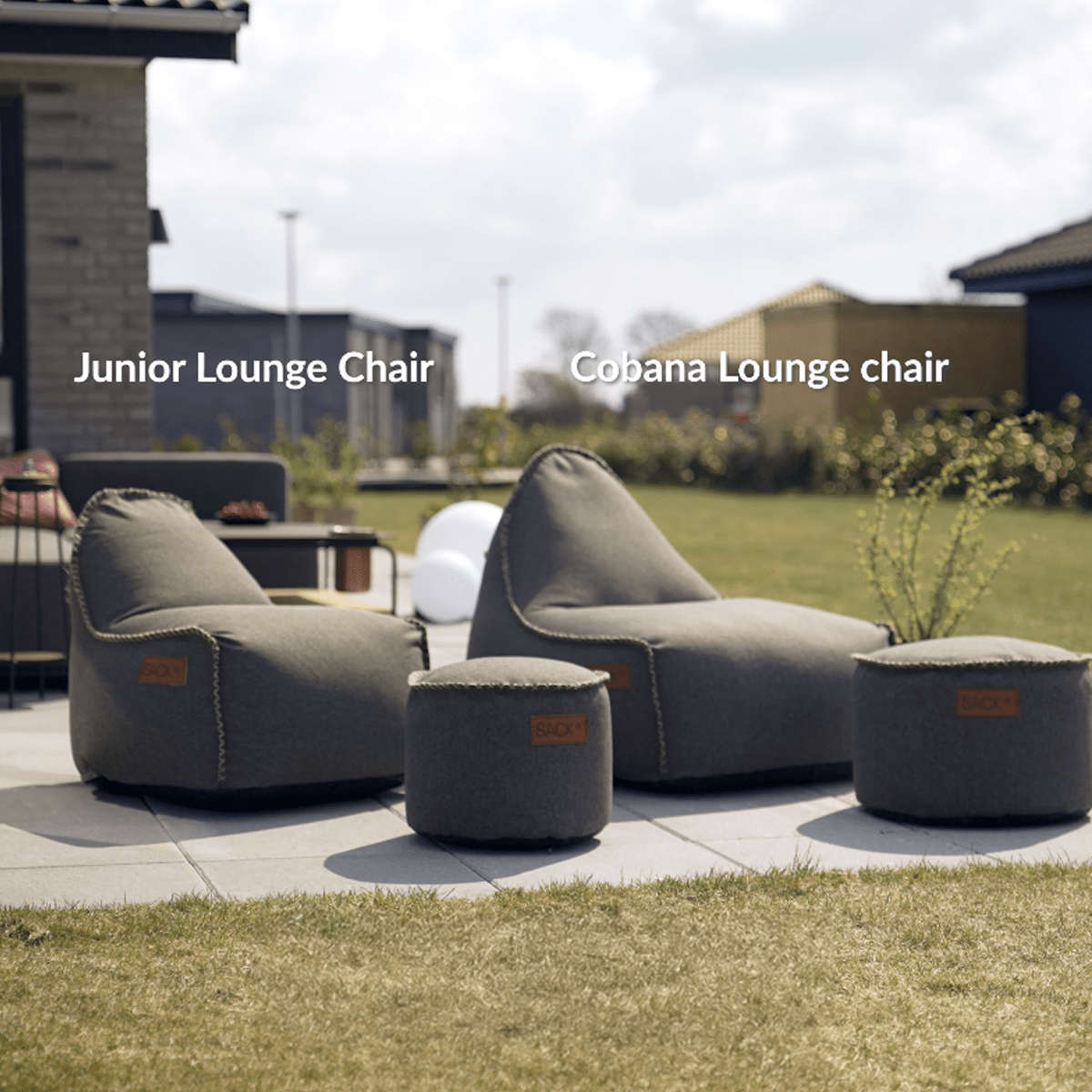 Cobana Junior Lounge Chair og puf i grå, børnesækkestol med rund puf i slidstærkt stof.