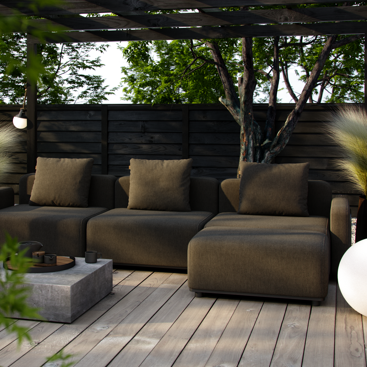 Udendørs Cobana Lounge Sofa i brun med aluminiumsramme og Patio Storage Table i sort pulverlakering.
