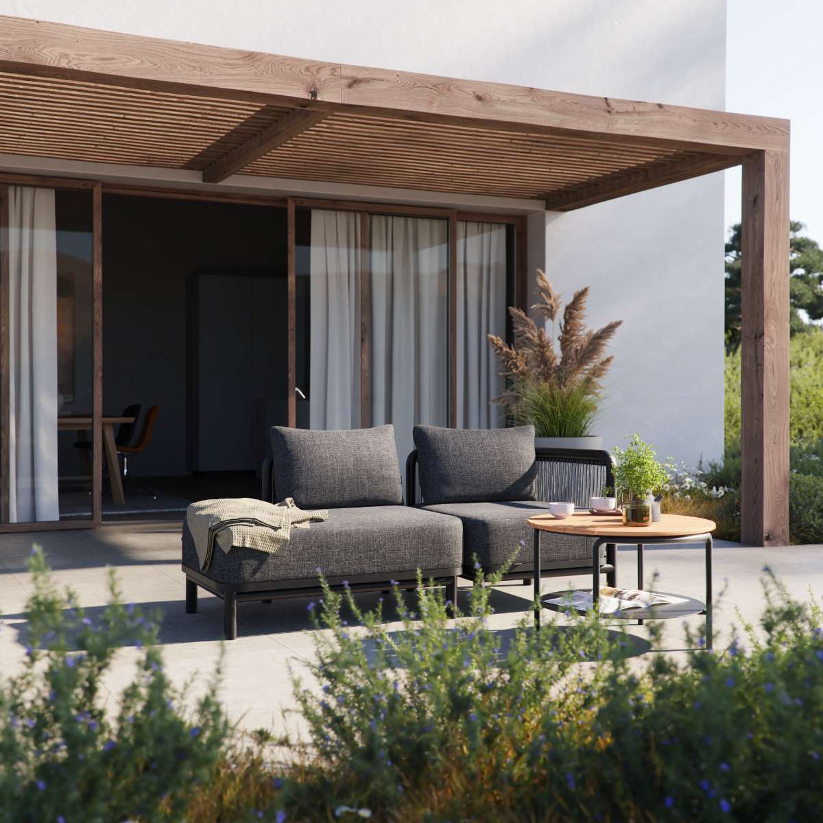 Kirra Lounge Sofa 2-personers i sandfarvet Olefin stof med åben ende, modulært design til udendørs brug.