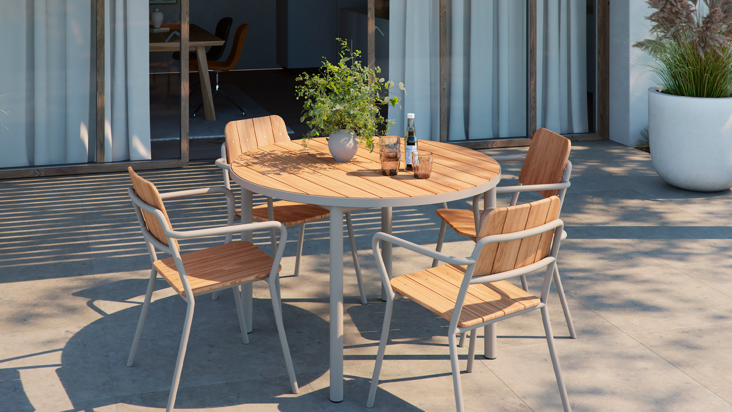 Kirra Dining Table Ø110 - Rundt udendørs spisebord til 4 personer i teaktræ og aluminium