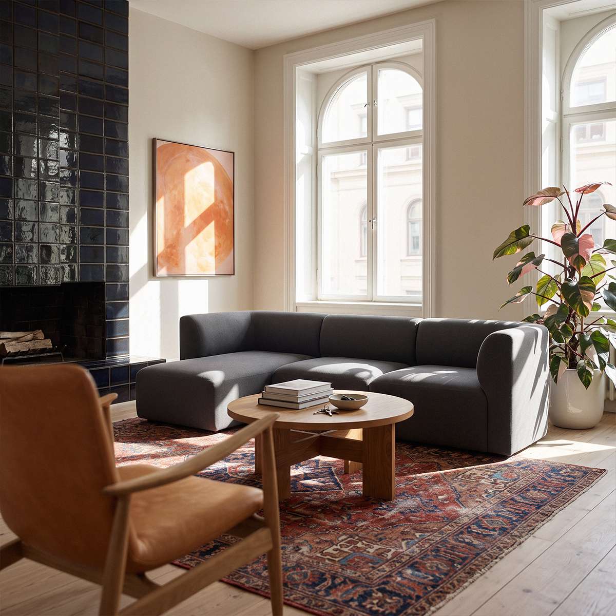 Mørkegrå sofa med venstrevendt chaiselong i lys skandinavisk stue med mønstret tæppe træbord store vinduer og grøn plante