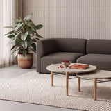 Mørkebrun Fjord Sofa fra sackit i stilren stue med runde sofaborde stor grøn plante og lyst vævet gulvtæppe