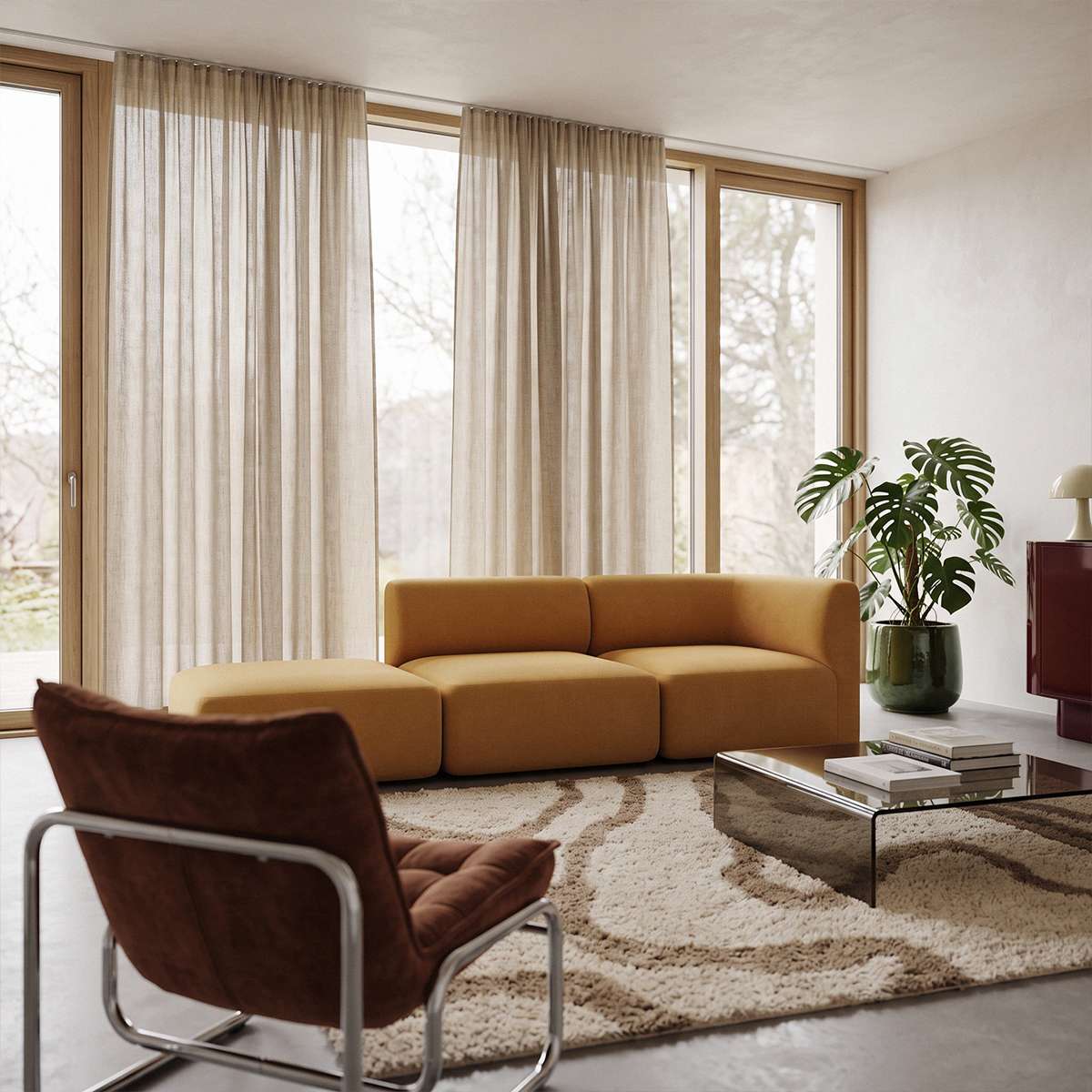 Fjord sofa fra sackit i varm karamelbrun med åben ende i elegant nordisk stue med lænestol plante sofabord og blødt mønstret tæppe