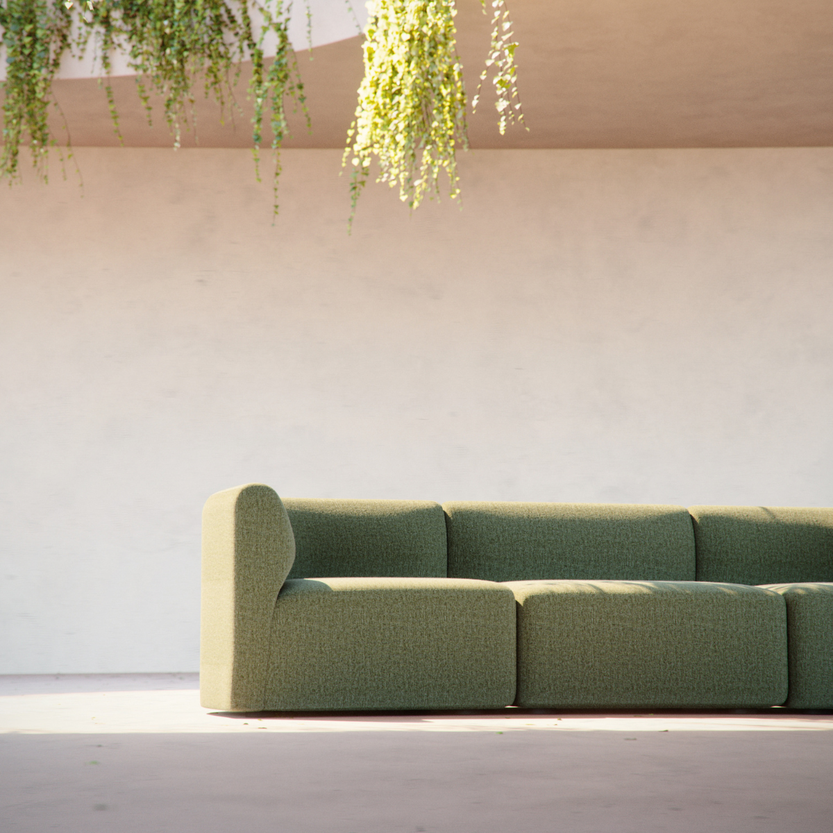 Fjord Sofa hjørnesektion til venstre i blød Cosmo Olive tekstil med afrundede kanter og skandinavisk design.