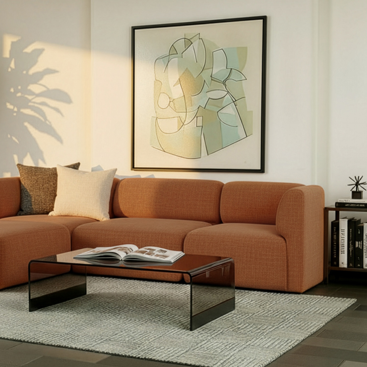 Hjørnesofa Fjord i blød Cosmo Terracotta tekstil med afrundede kanter og skandinavisk design.