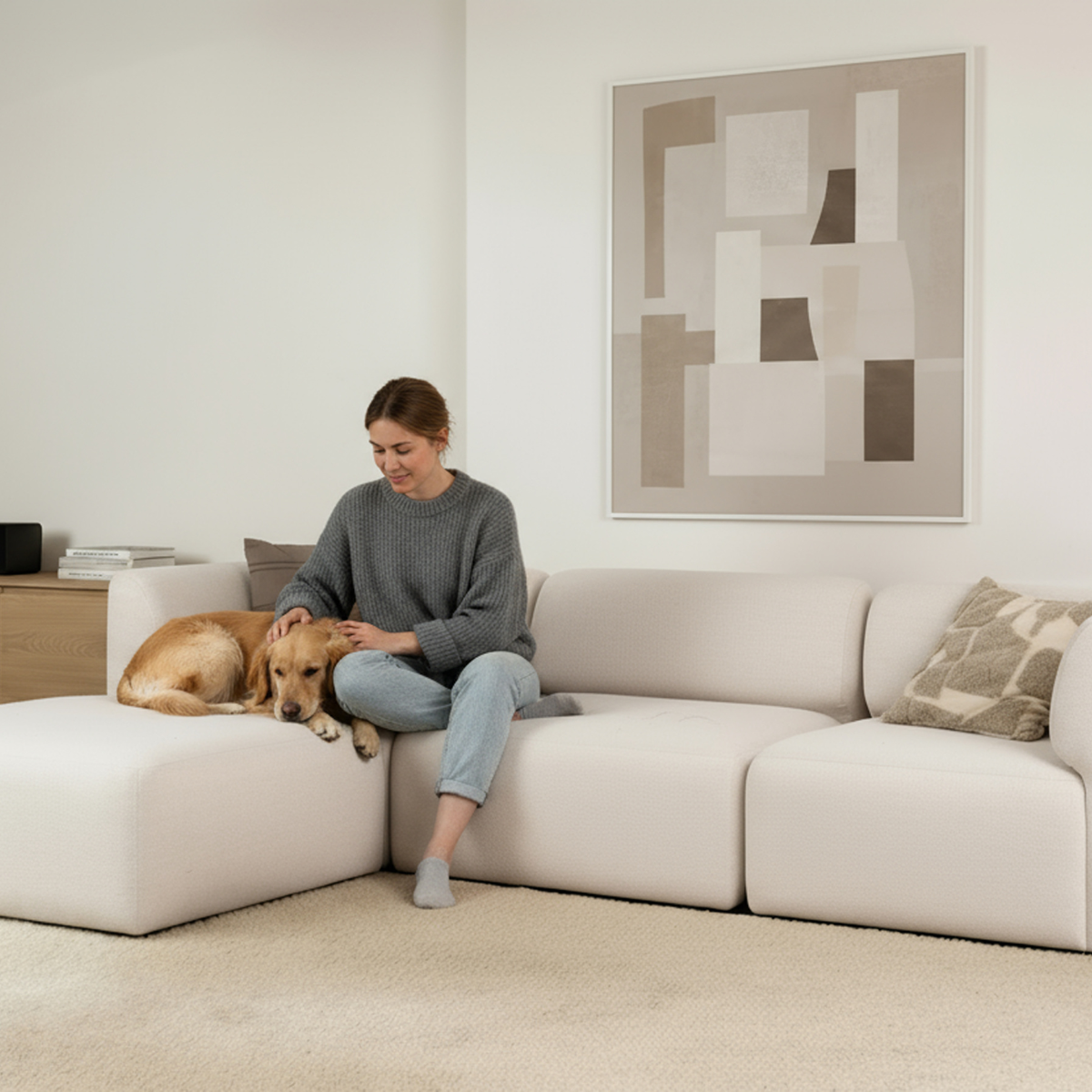 Fjord Sofa seat section in soft Cosmo Mustard fabric with rounded edges and Scandinavian design.