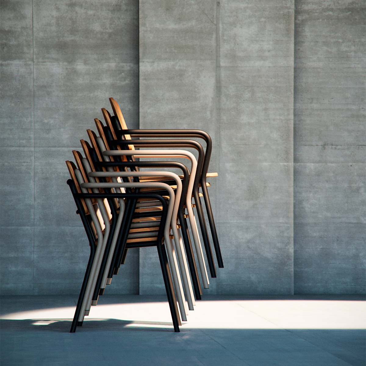 Kirra Patio Chair i pulverlakeret aluminium med ubehandlet teaktræ, enkel og elegant havestol.