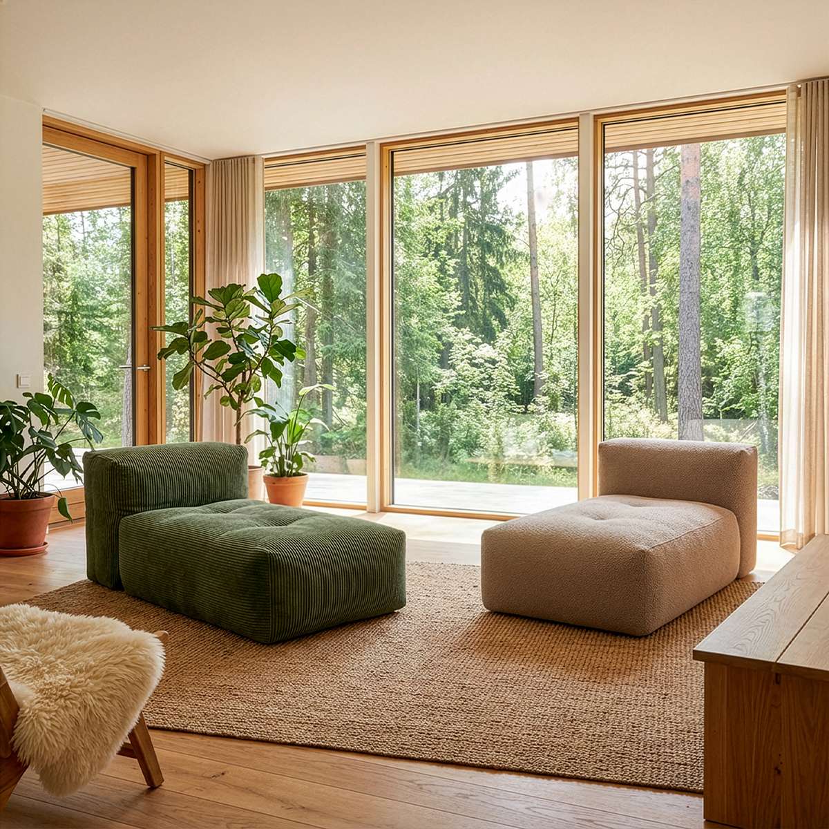 Soft Sofa Indoor Lounger i olivengrønt corduroy stof med blød, modulær form på skridsikker bund.