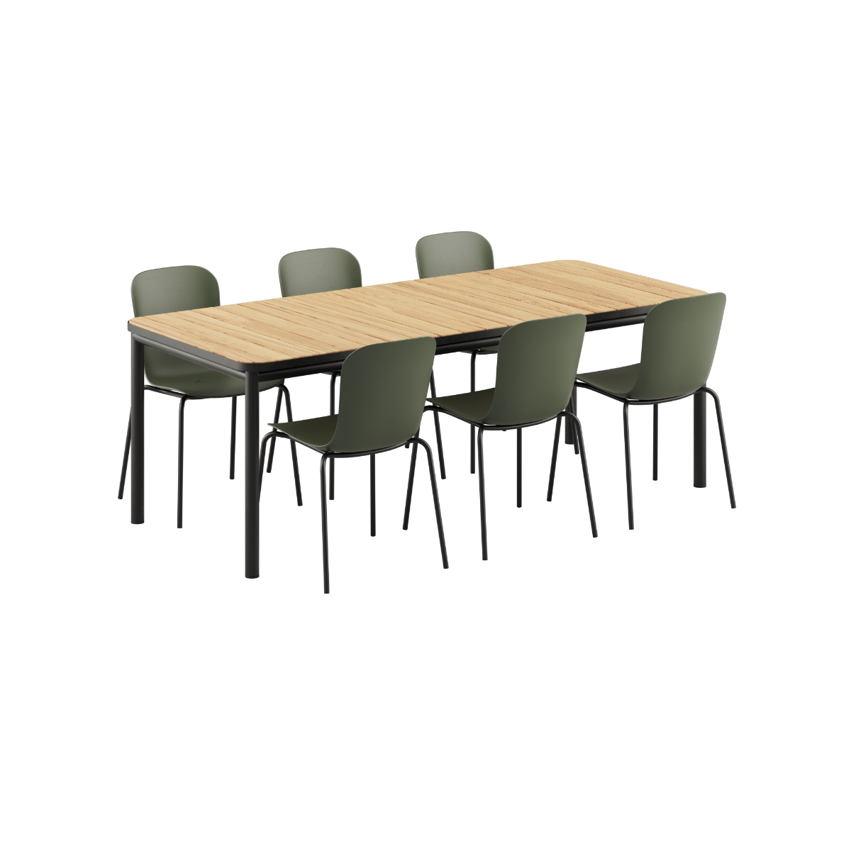 Udendørs Kirra Dining Table 210x90 med teakbordplade og 6 Patio Chair no. One stole i olive og noir