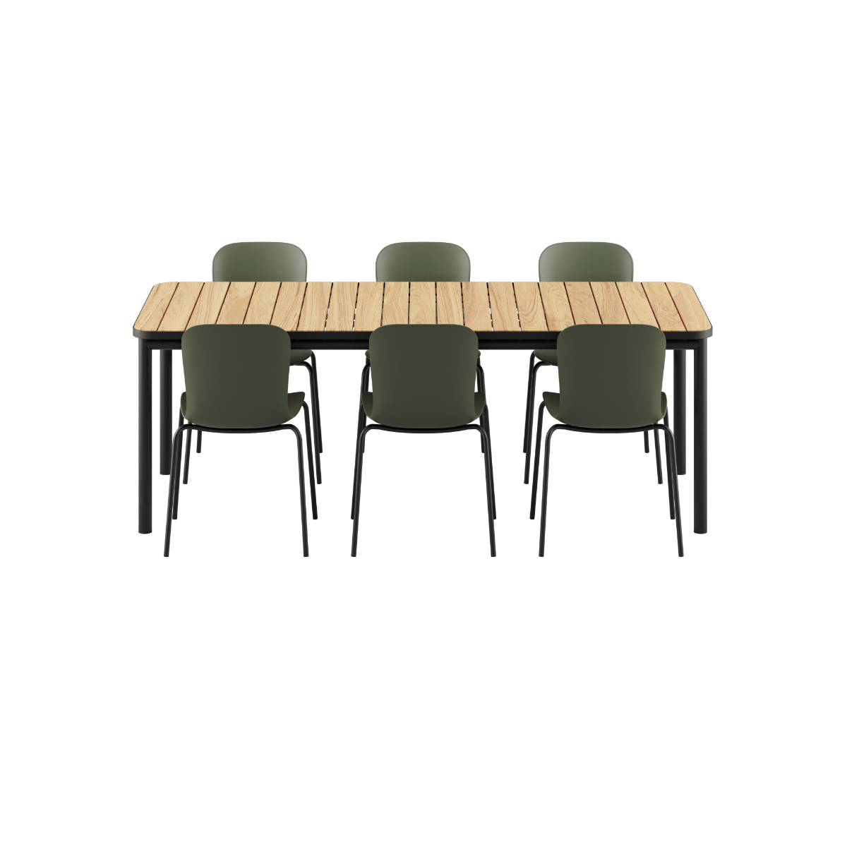 Udendørs Kirra Dining Table 210x90 med teakbordplade og 6 Patio Chair no. One S2 stole i olive og noir