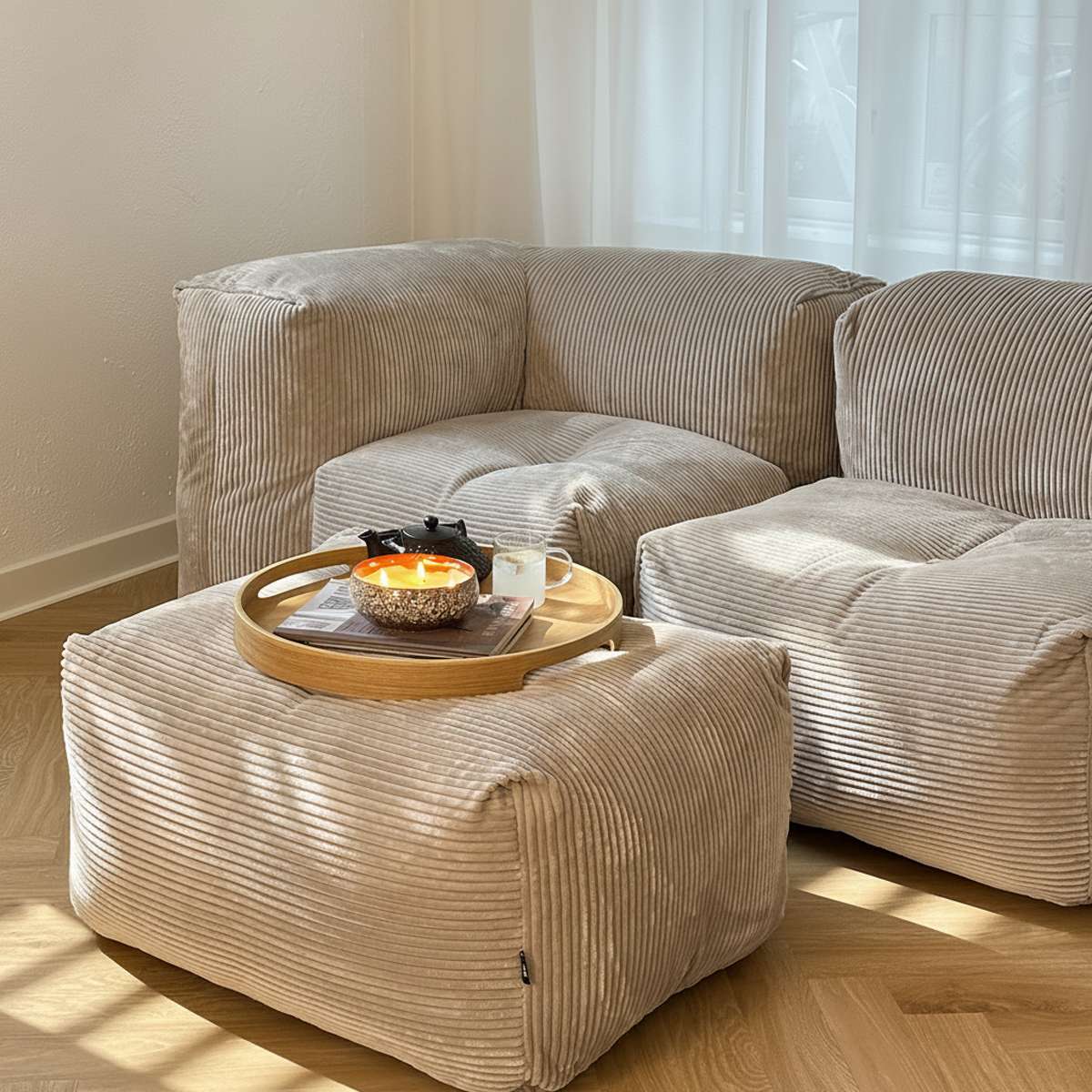 Soft Sofa Indoor pouf i olivengrønt corduroy stof med blødt, modulært design til indendørs brug.