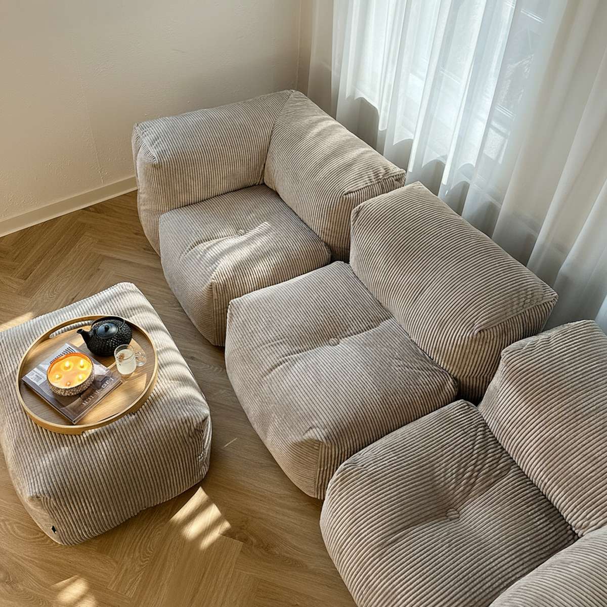 Soft Sofa Indoor 3-personers sofa i olivengrønt corduroy stof med blødt, modulært design.