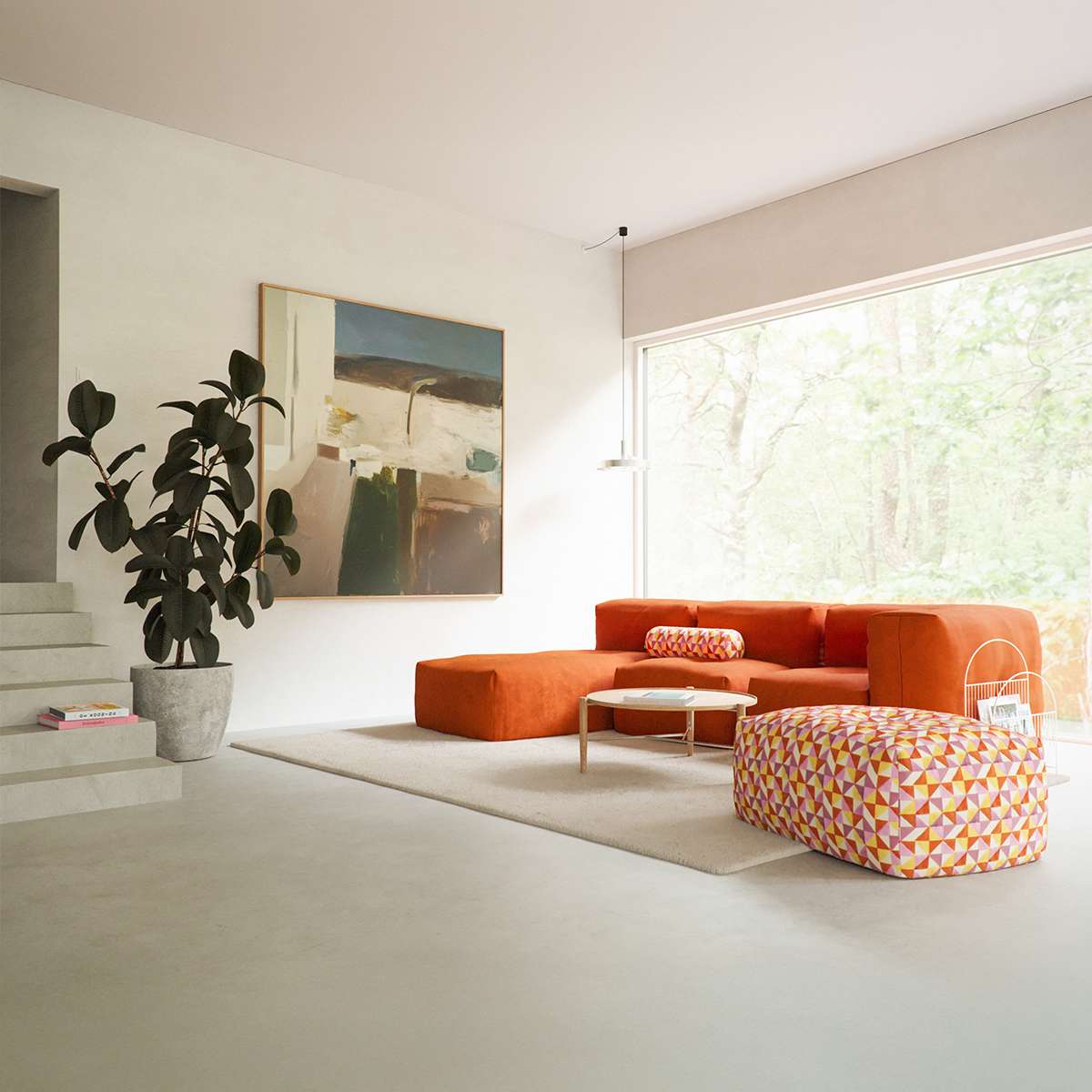 Soft Sofa Indoor 3-personers modulsofa med chaiselong i blødt tekstil, neutral farve.