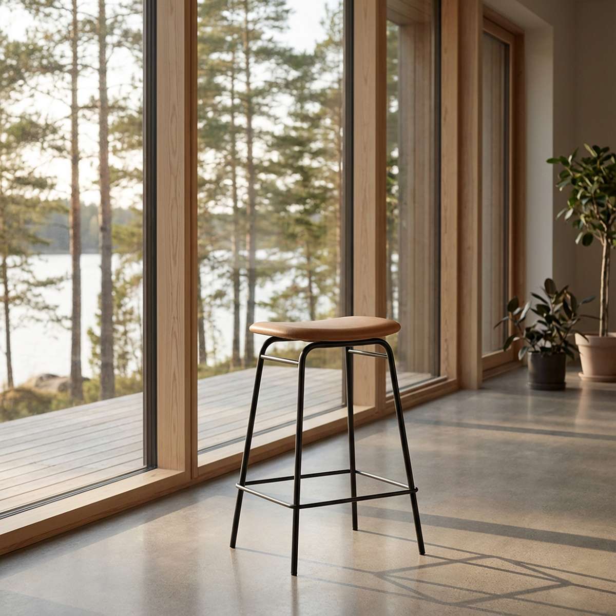 Frame Bar Stool barstol med ryglæn i læder og pulverlakeret stålstel, industrielt design.