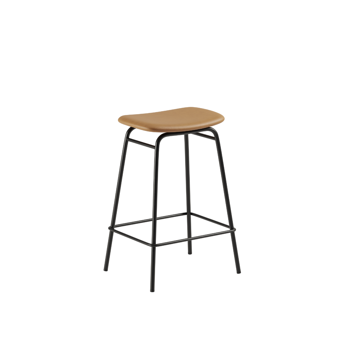 Frame Bar Stool barstol med ryglæn og lædersæde, pulverlakeret stålstel, i industrielt design.
